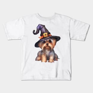 Watercolor Yorkshire Terrier Dog in Witch Hat Kids T-Shirt